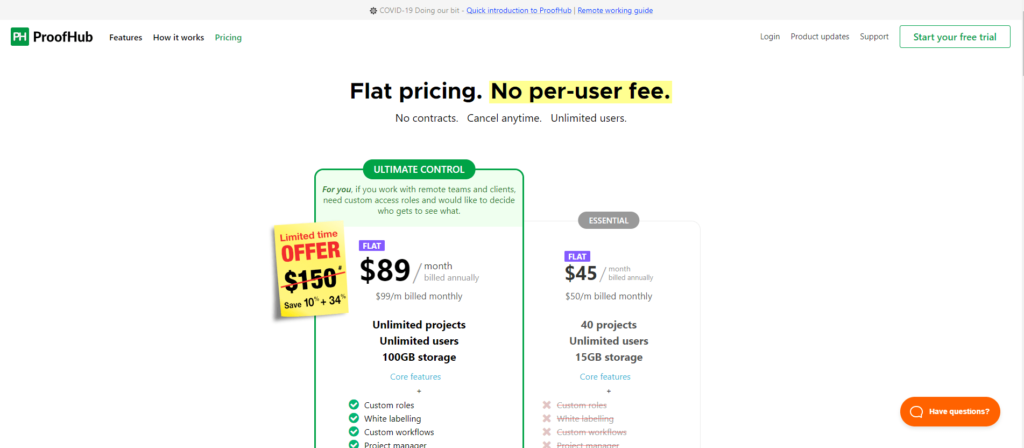 ProofHub's flat pricing