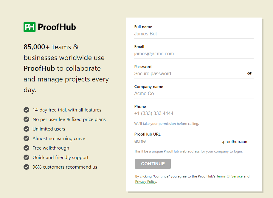 ProofHub Signup form